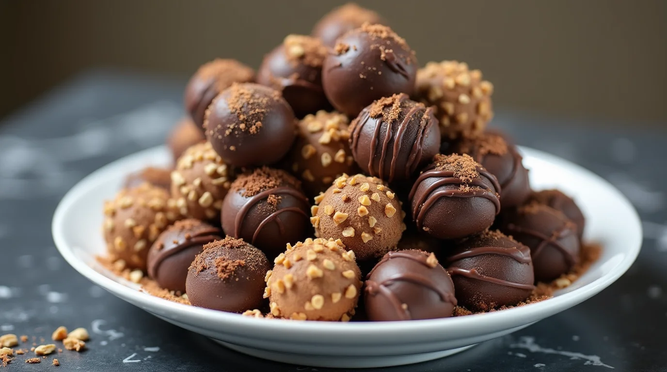 A plate of assorted hazelnut chocolate truffles topped with crushed nuts and cocoa powder.