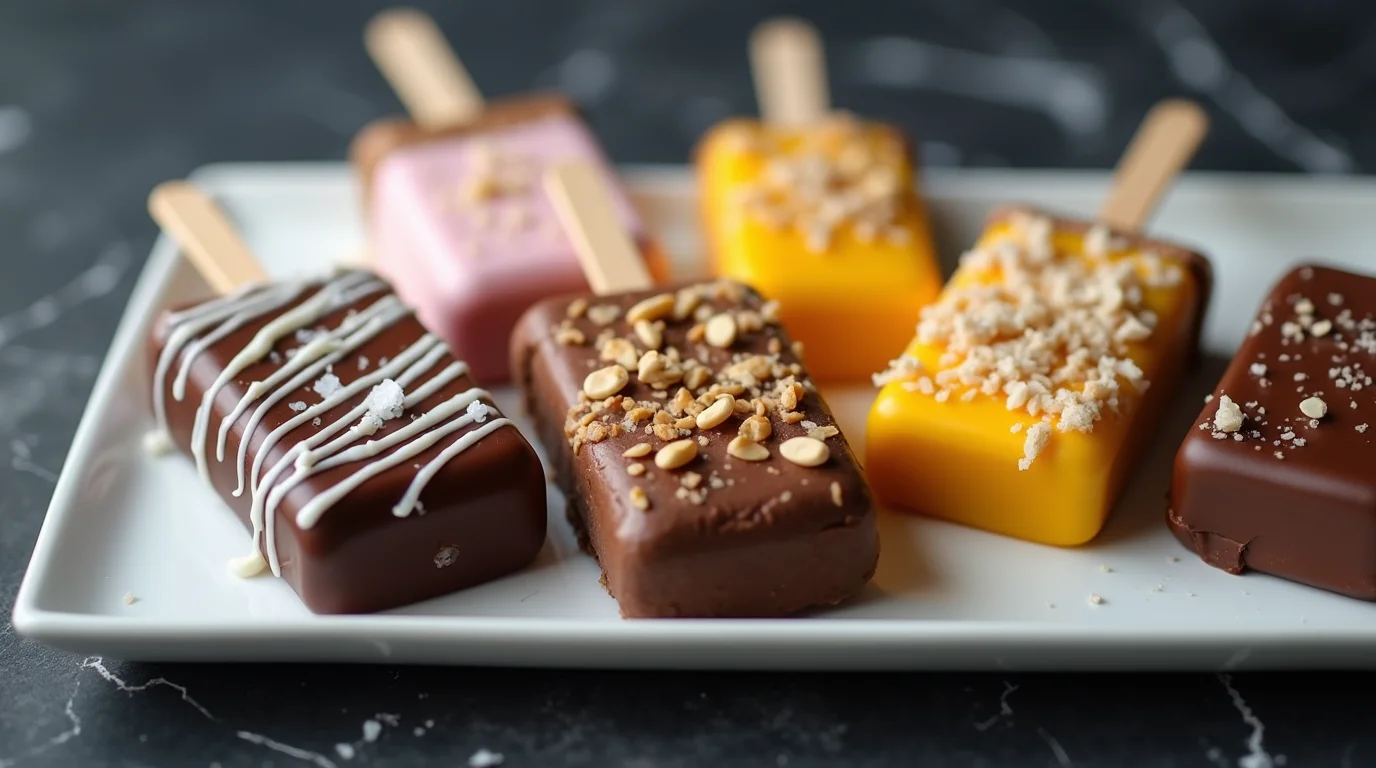Colorful homemade ice cream bars with chocolate, nuts, and sprinkles on a white plate.