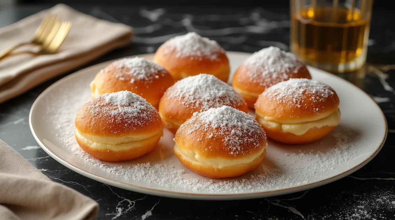 Freshly made Italian custard bomboloni dusted with sugar on a serving tray.