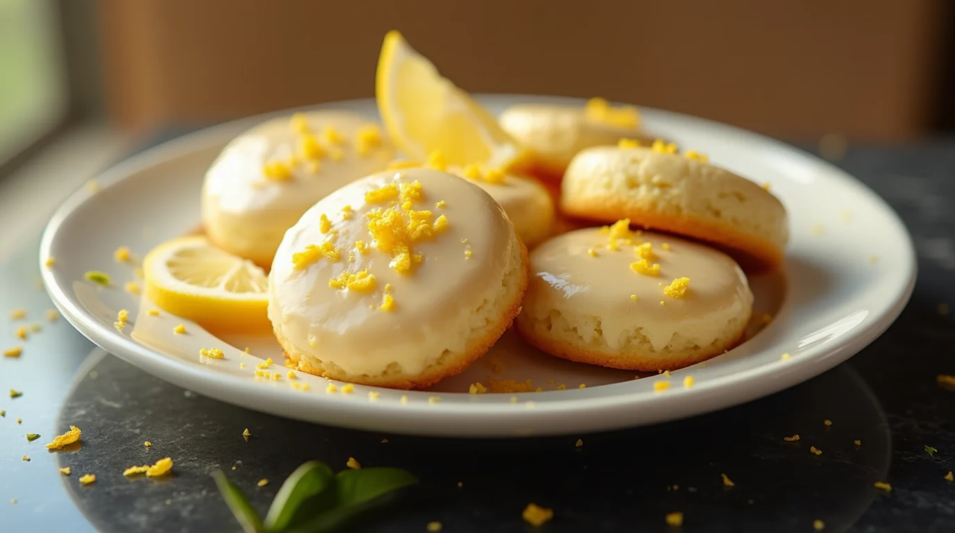 Plate of lemon ricotta cookies topped with lemon glaze and zest