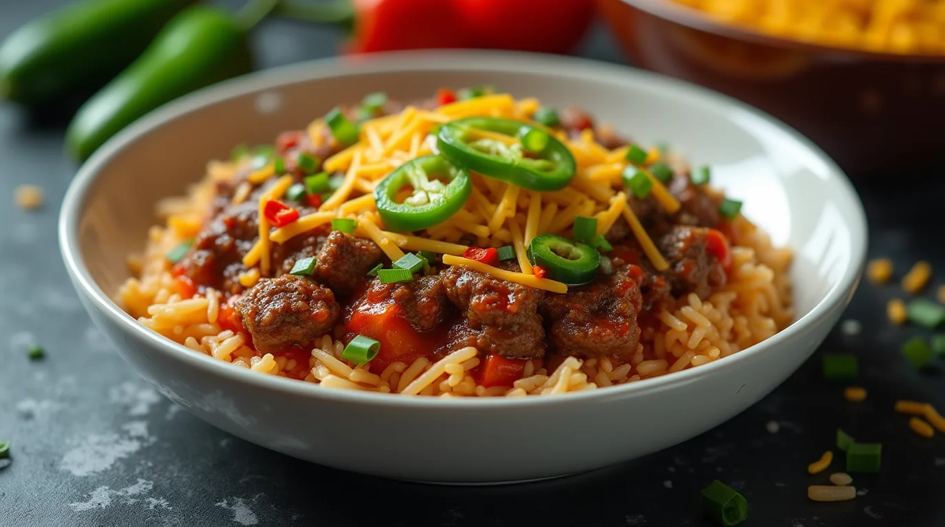 Delicious Mexican Beef and Rice Skillet topped with cheddar cheese, jalapeños, and green onions.