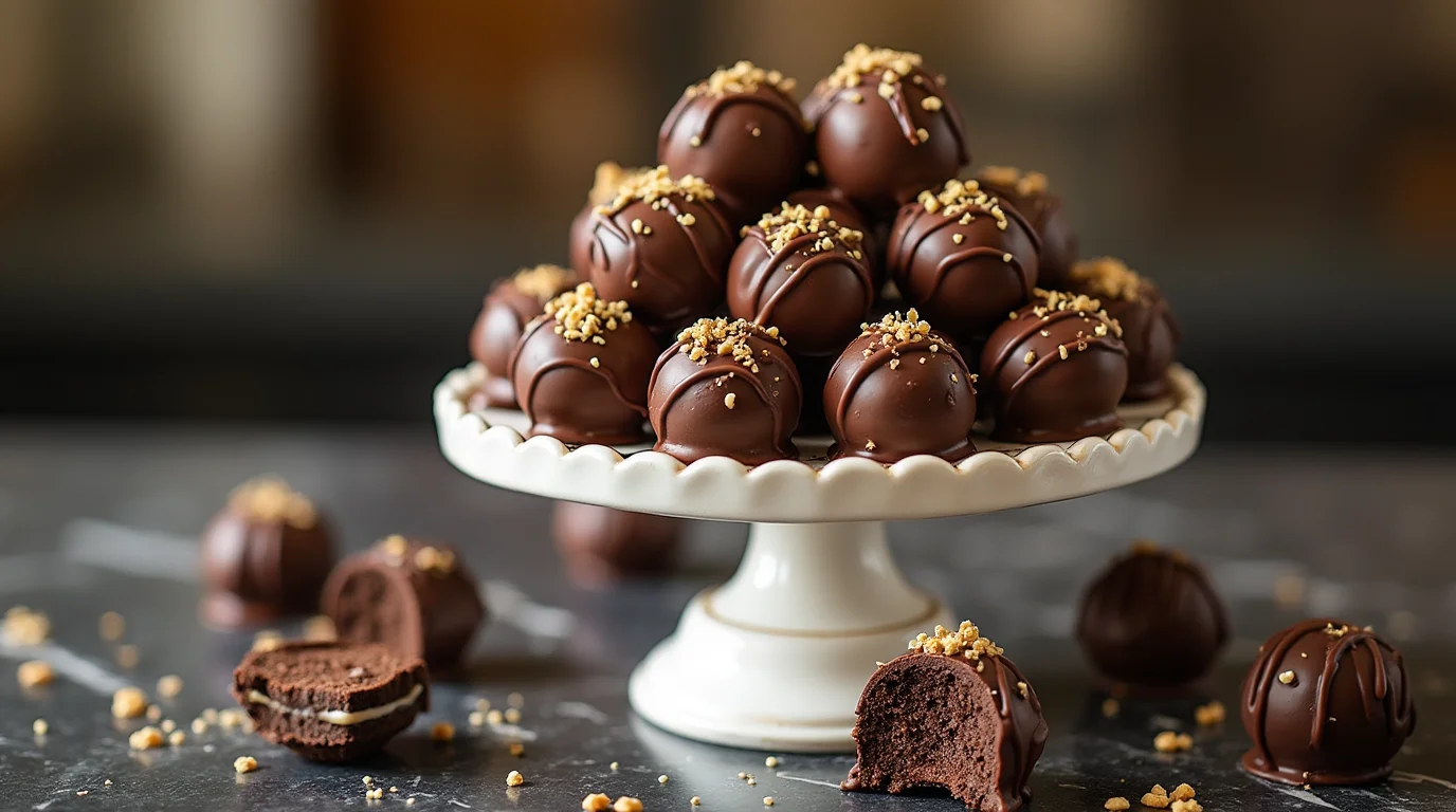 No-Bake Reese's Oreo Balls stacked on a white cake stand with chocolate drizzle and crushed peanuts.