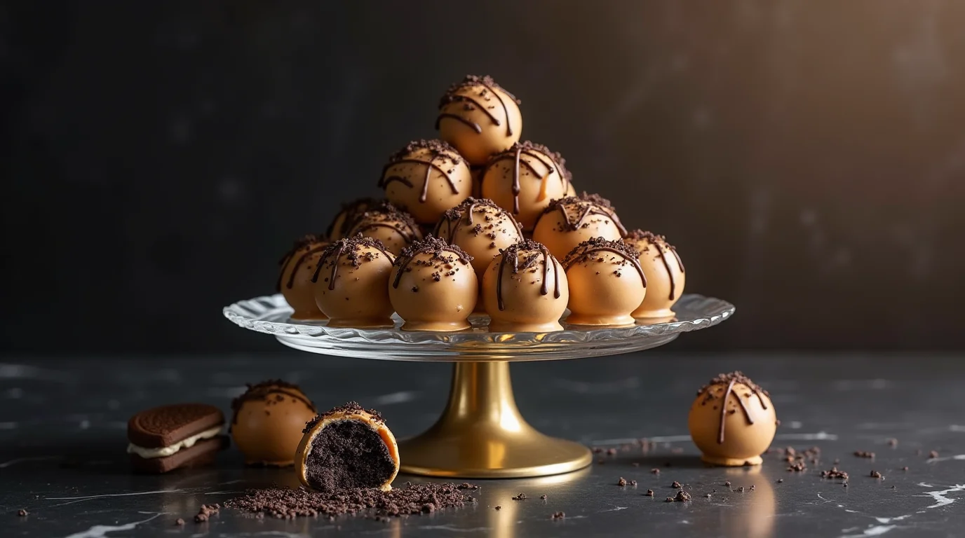 A pyramid of peanut butter Oreo balls topped with chocolate drizzle and cookie crumbs on a glass cake stand.