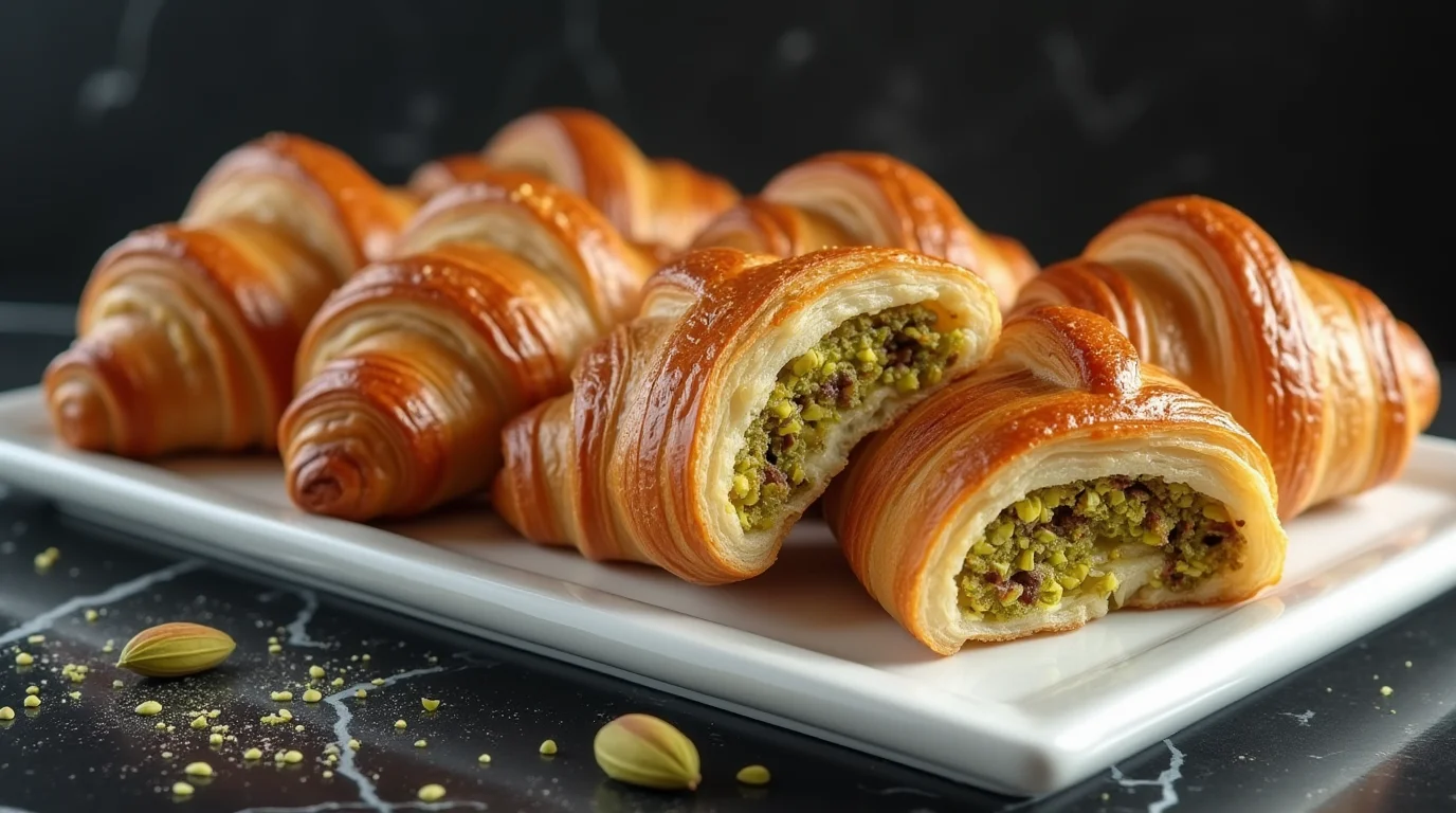 Pistachio croissant recipe with flaky golden layers and rich pistachio filling on a serving tray.