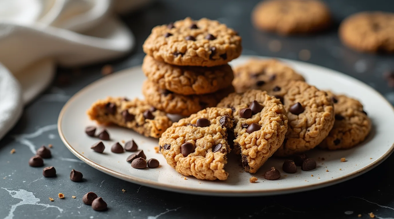 Plate of rice krispie chocolate chip cookies with scattered chocolate chips.