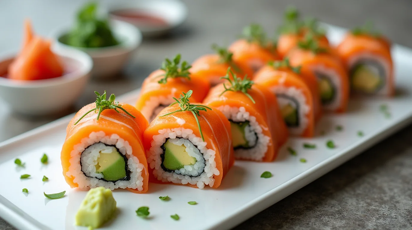 Close-up of a fresh salmon avocado roll garnished with herbs on a white plate.