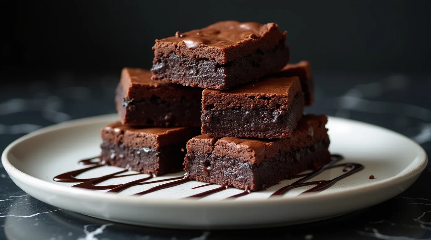 Fudgy sourdough brownies stacked on a white plate with chocolate drizzle.