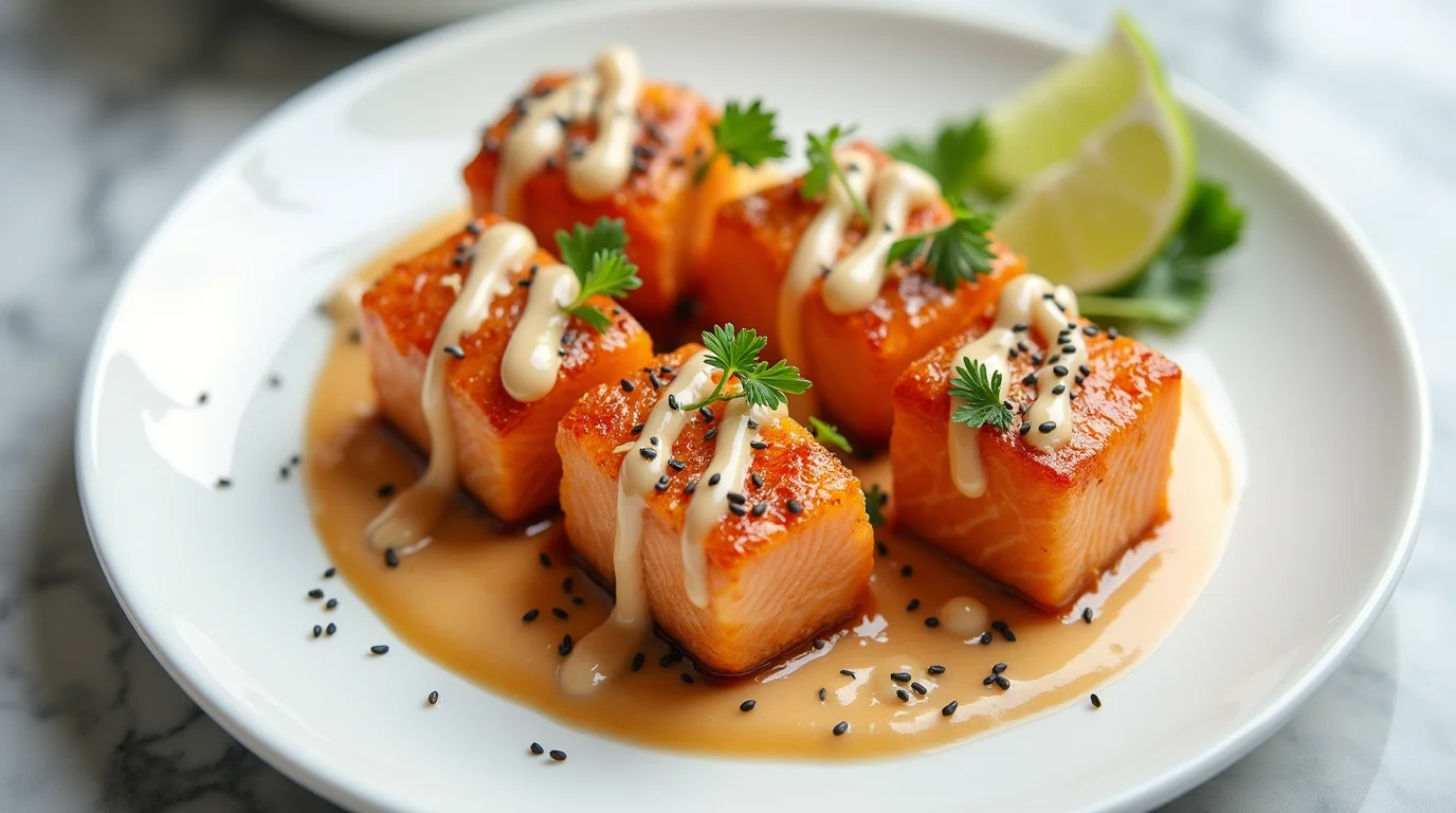 Bang Bang Salmon Bites garnished with sesame seeds and drizzled with a creamy sauce.