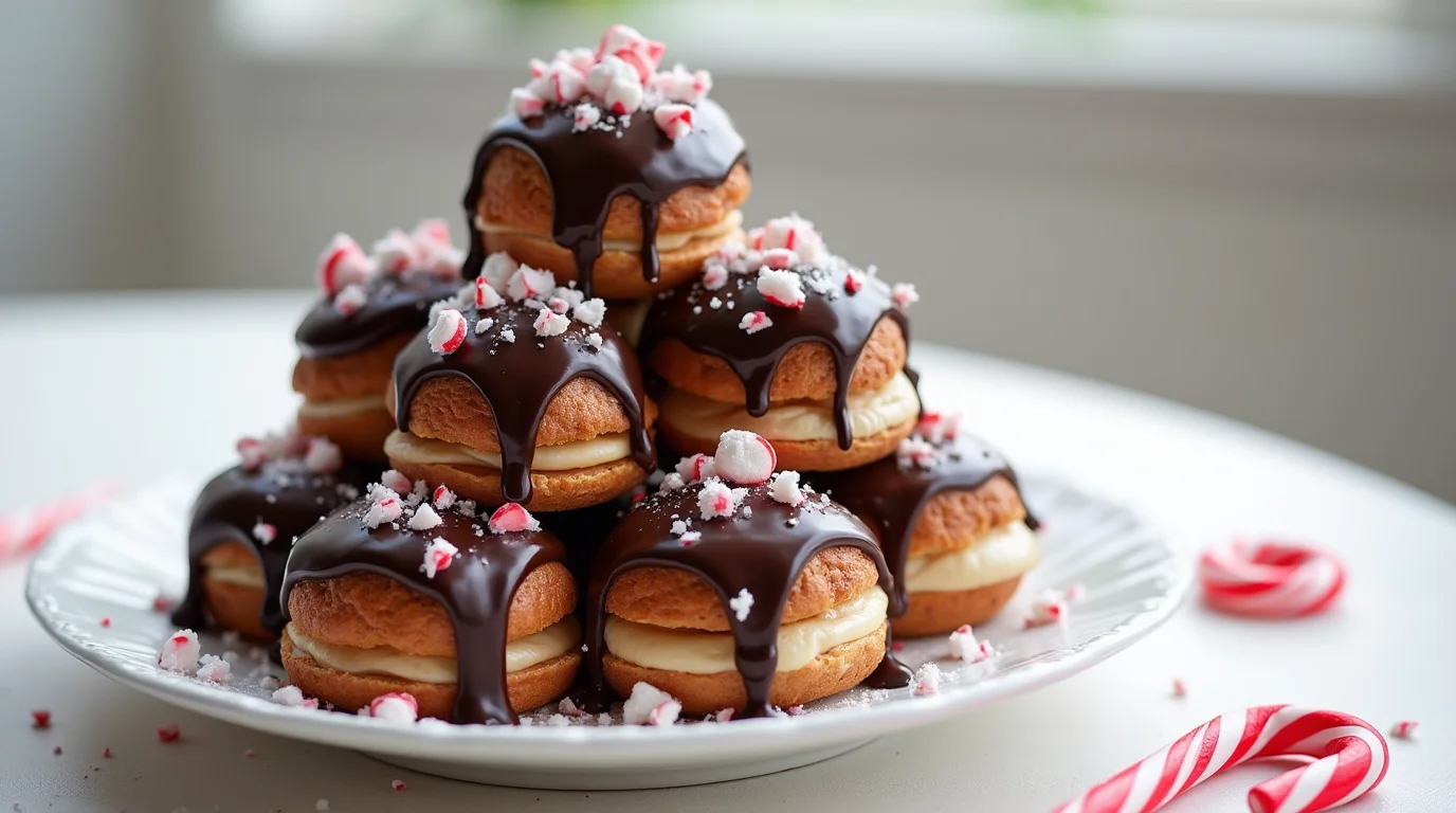 A festive stack of chocolate cream puffs drizzled with glossy chocolate ganache, filled with smooth vanilla cream, and topped with crushed peppermint candy on a white plate.
