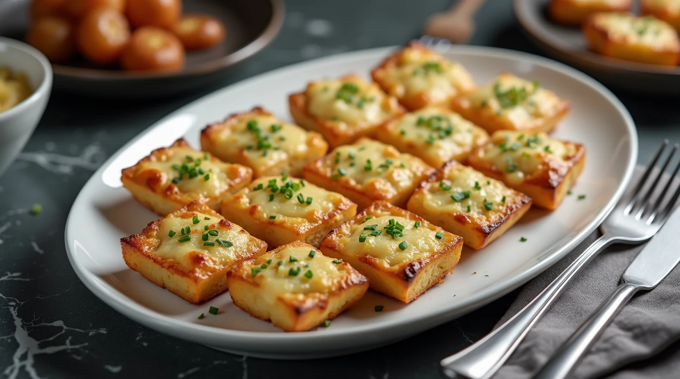 Golden Starbucks potato chive bake recipe squares topped with melted cheese and fresh chives on a white plate.