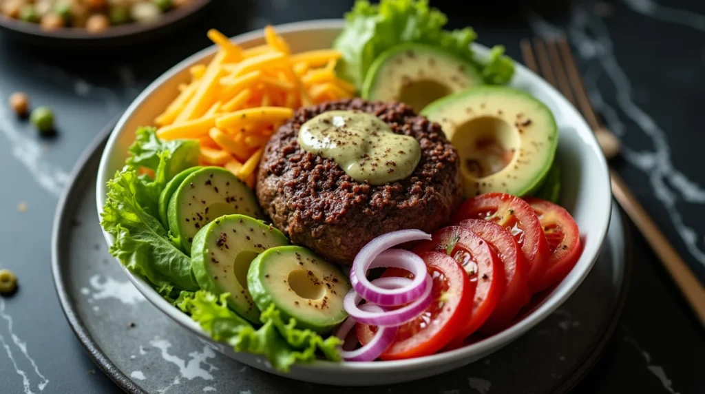 Burger bowl recipe with a beef patty, avocado slices, tomato, red onion, shredded cheese, and lettuce, topped with creamy sauce.