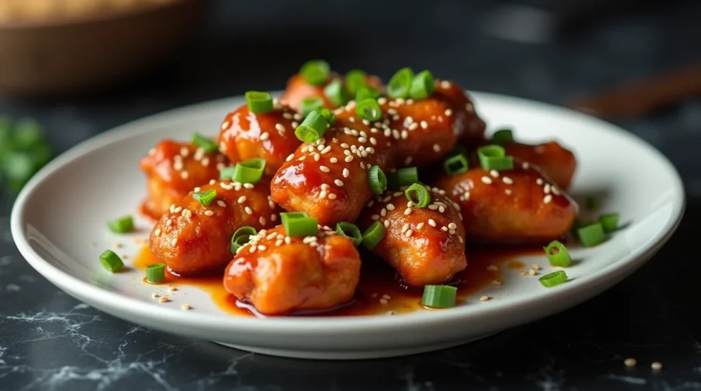 Plate of Crispy Honey Chili Chicken glazed in sauce and topped with sesame seeds and chopped green onions.