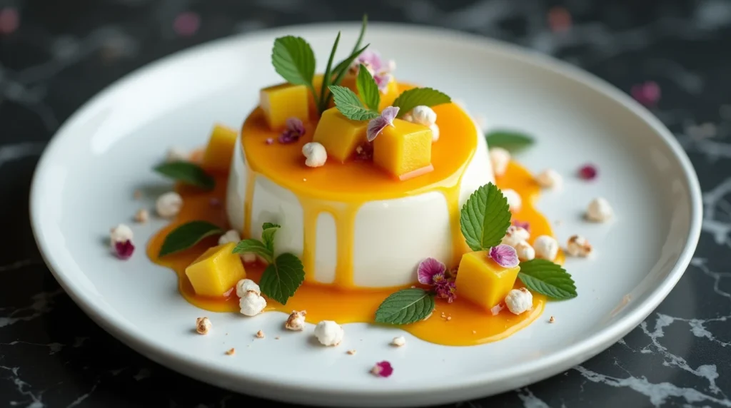 Easy coconut panna cotta recipe topped with mango cubes, sauce, edible flowers, and mint leaves for a vibrant, tropical dessert.