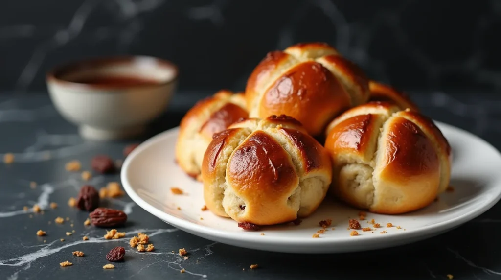 Golden hot cross buns stacked on a plate, featured in an easy hot cross buns recipe.