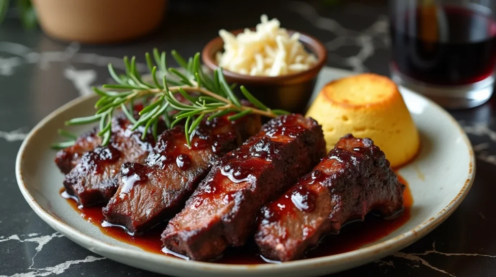 Sliced Easy Smoked Beef Short Ribs with BBQ glaze, cornbread, and coleslaw on a plate.
