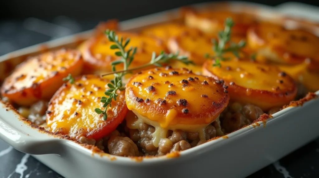 Close-up of Hamburger Potato Casserole with golden cheese-topped potatoes and savory ground beef.