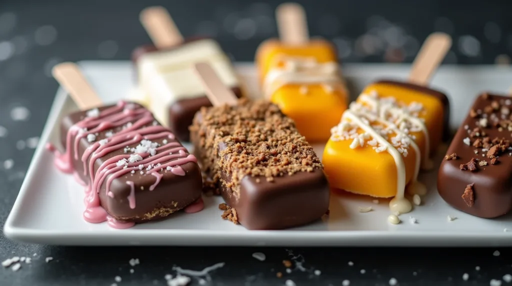 Assorted homemade ice cream bars with chocolate coating, colorful drizzle, and crunchy toppings.