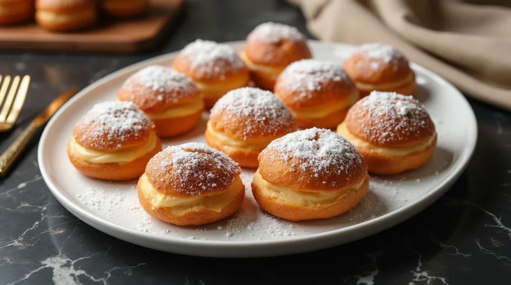 Plate of Italian custard bomboloni filled with creamy custard and dusted with powdered sugar.