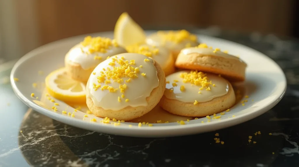 Lemon ricotta cookies with glaze and lemon zest on a white plate
