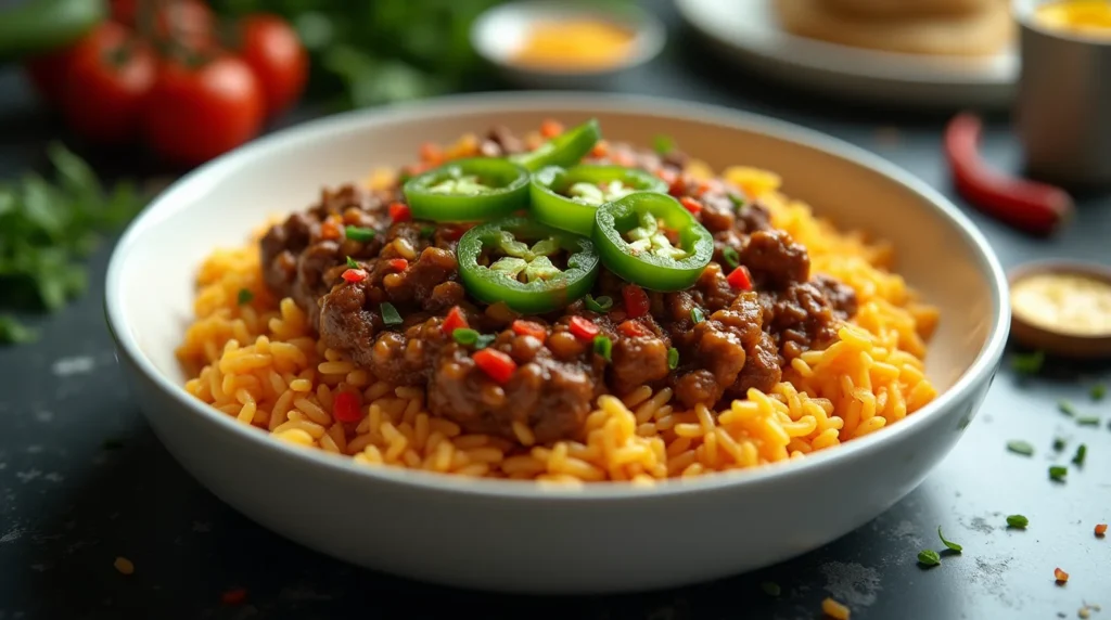 Flavorful Mexican Beef and Rice Skillet garnished with sliced jalapeños and diced peppers.