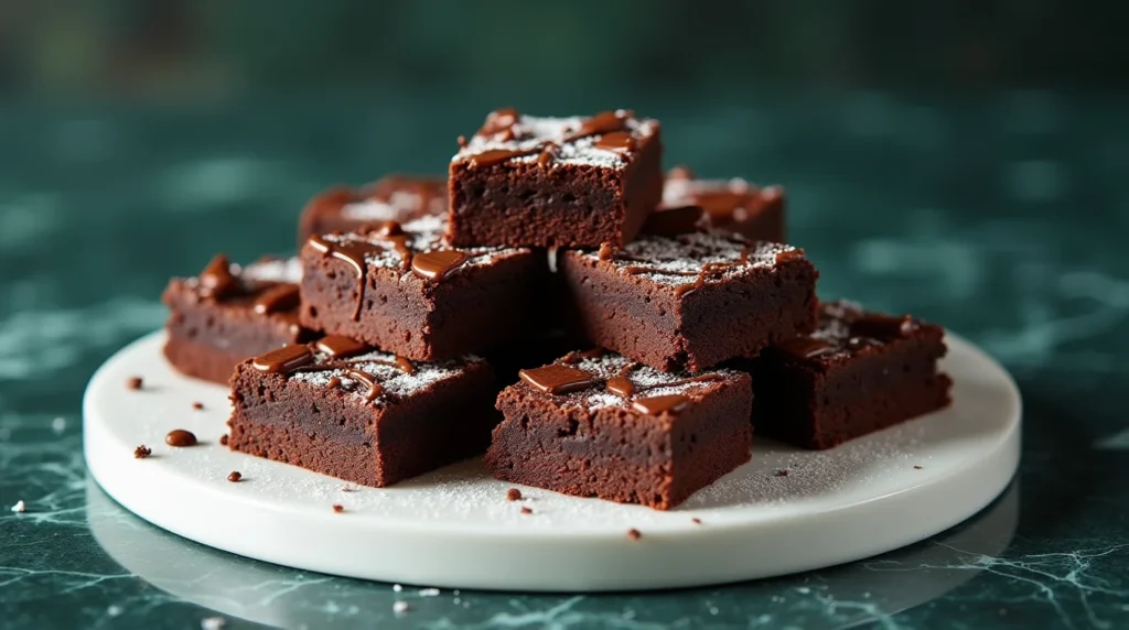 Fudgy easy sweetened condensed milk brownies topped with melted chocolate and powdered sugar on a white plate.