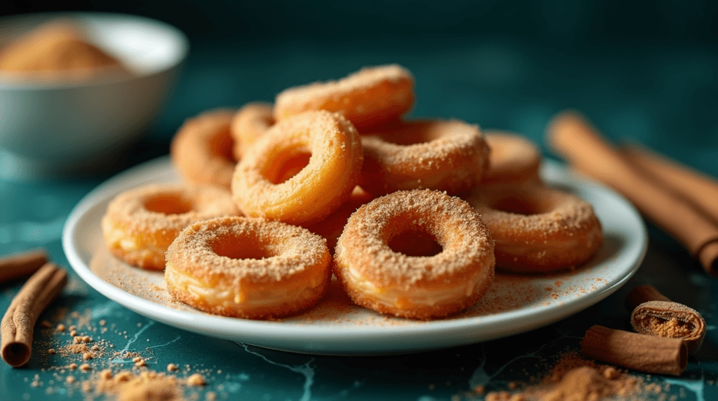 Front view of cookies for a homemade Mexican churro cookies recipe on a white plate