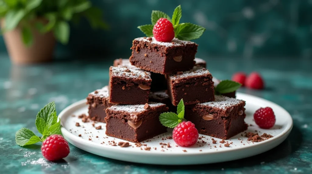 Stack of easy sweetened condensed milk brownies topped with powdered sugar, fresh raspberries, and mint leaves.
