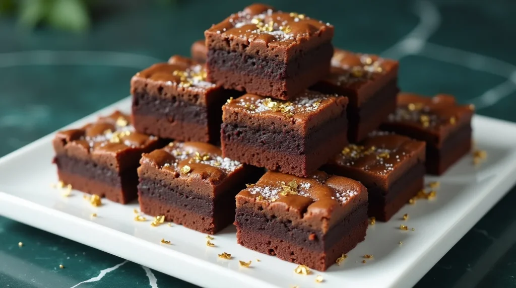 Gooey layered easy sweetened condensed milk brownies topped with gold flakes and powdered sugar on a white platter.