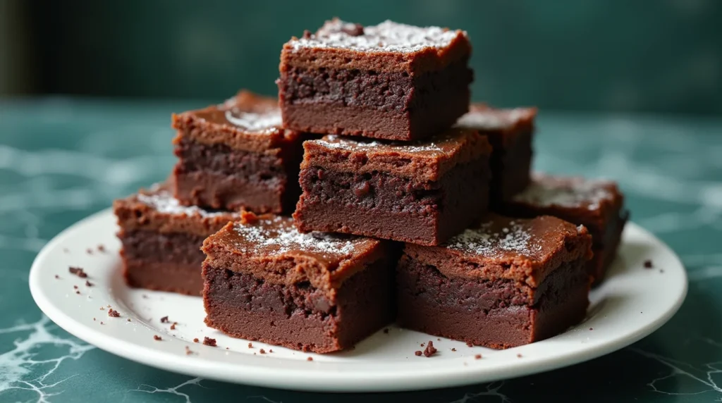 Moist and chewy easy sweetened condensed milk brownies stacked on a white plate with a dusting of powdered sugar.