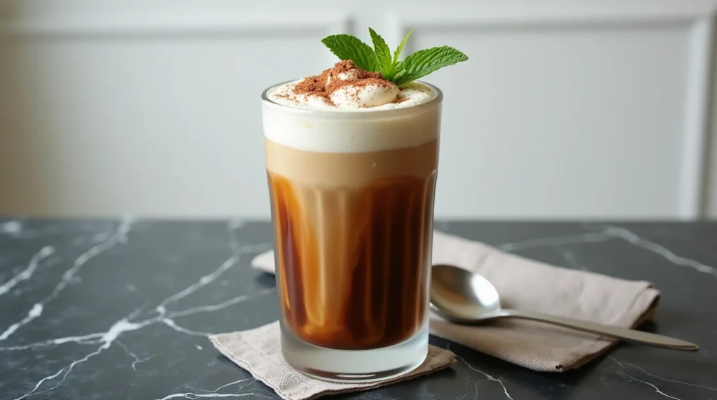 Tall glass of authentic Greek freddo cappuccino topped with whipped cream, cocoa powder, and mint.
