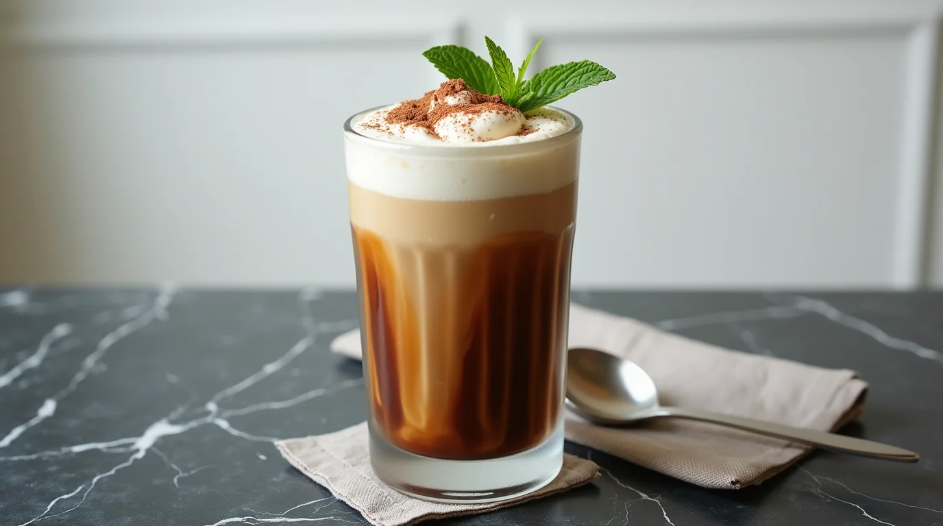 Tall glass of authentic Greek freddo cappuccino topped with whipped cream, cocoa powder, and mint.