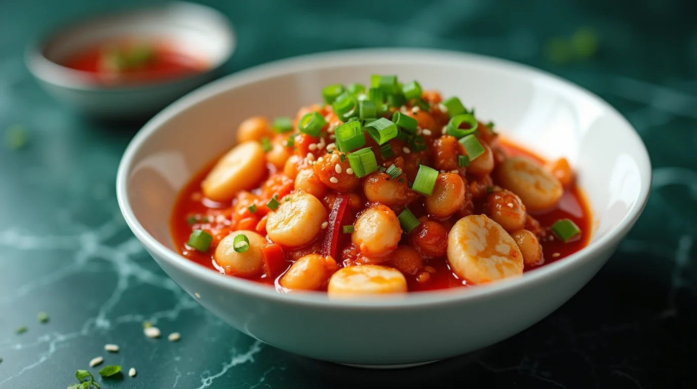 Spicy rice cakes topped with scallions in an authentic Korean tteokbokki recipe.
