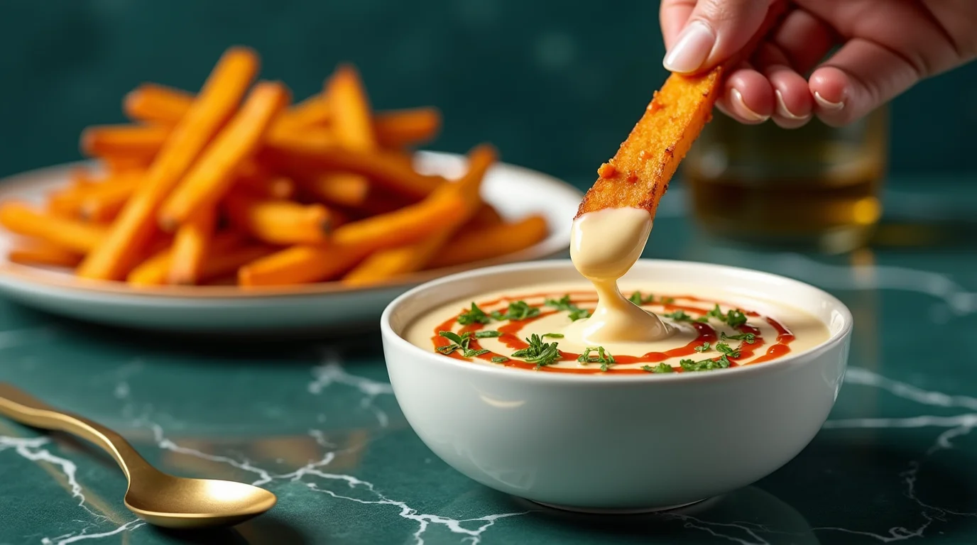 Crispy fries dipped in creamy bang bang sauce recipe with a drizzle of hot sauce and herbs.