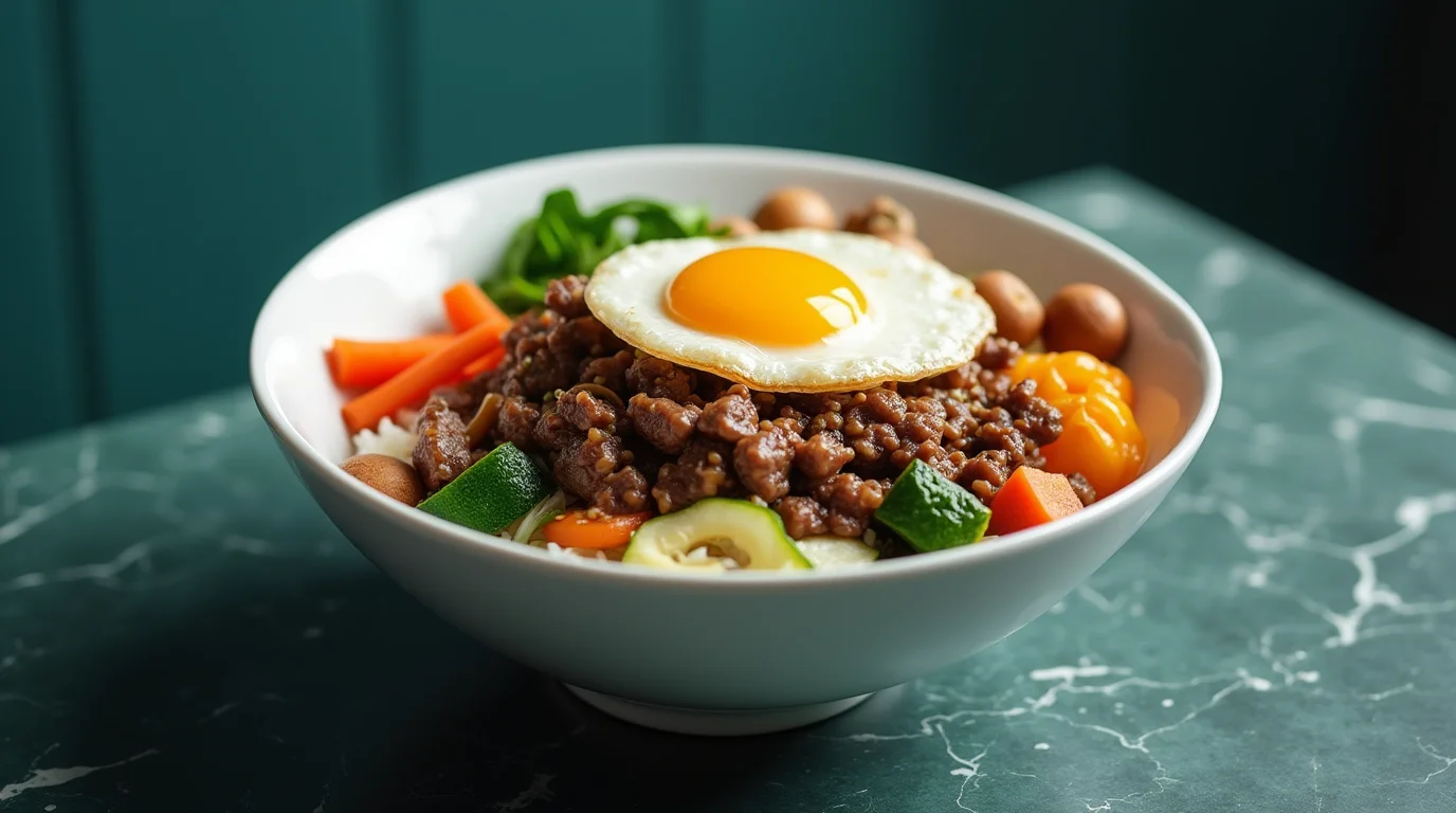 Beef bibimbap bowl with fried egg, colorful vegetables, and rice in a white bowl.