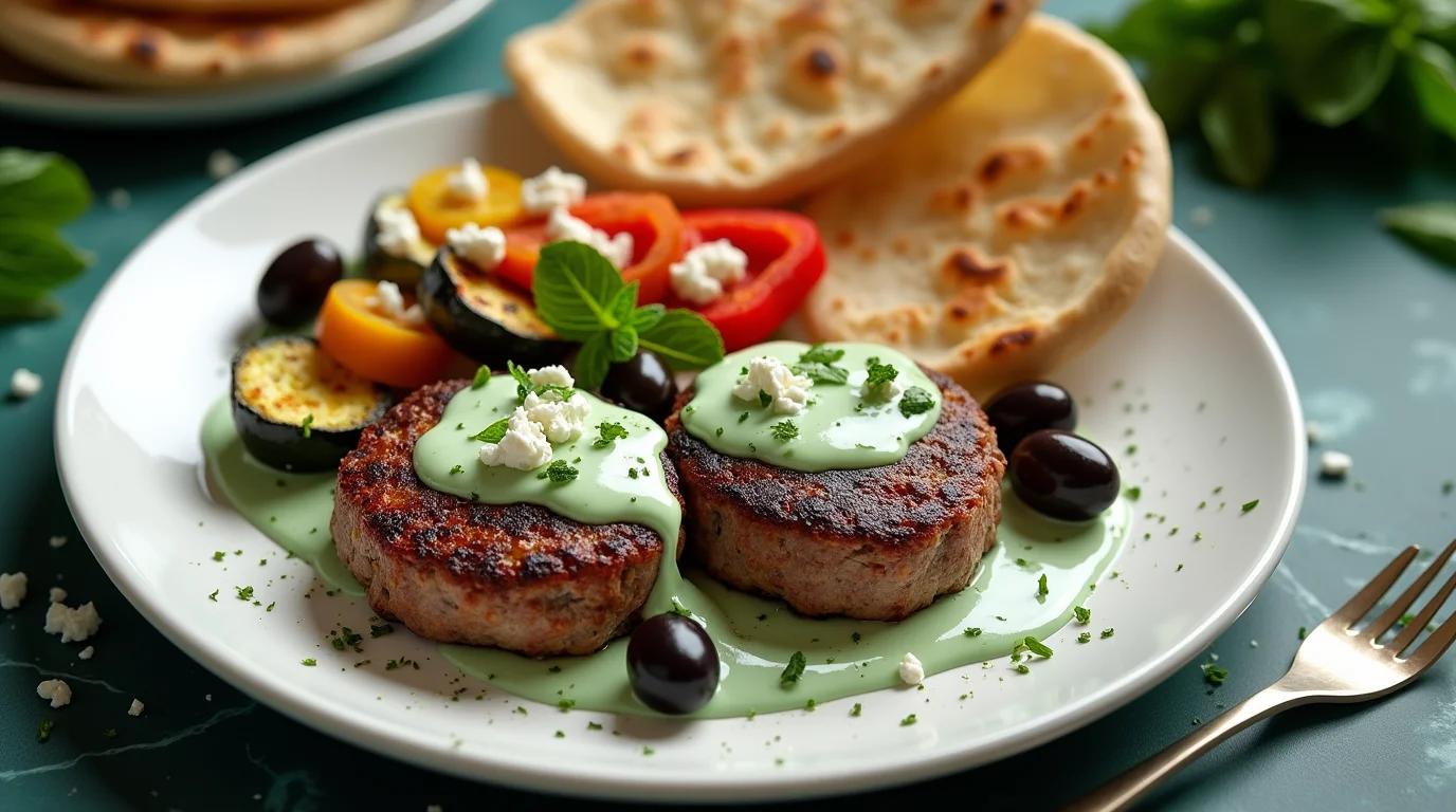 Beef Patties with Mint Sauce paired beautifully with a simple Mediterranean salad