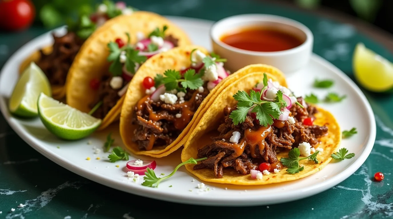 Plate of birria tacos topped with cilantro, onions, and cheese, served with consommé and lime wedges – Birria Tacos Recipe