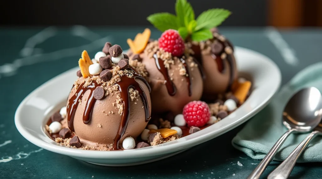 Chocolate Marshmallow Ice Cream Recipe topped with chocolate chips, mini marshmallows, and raspberries.