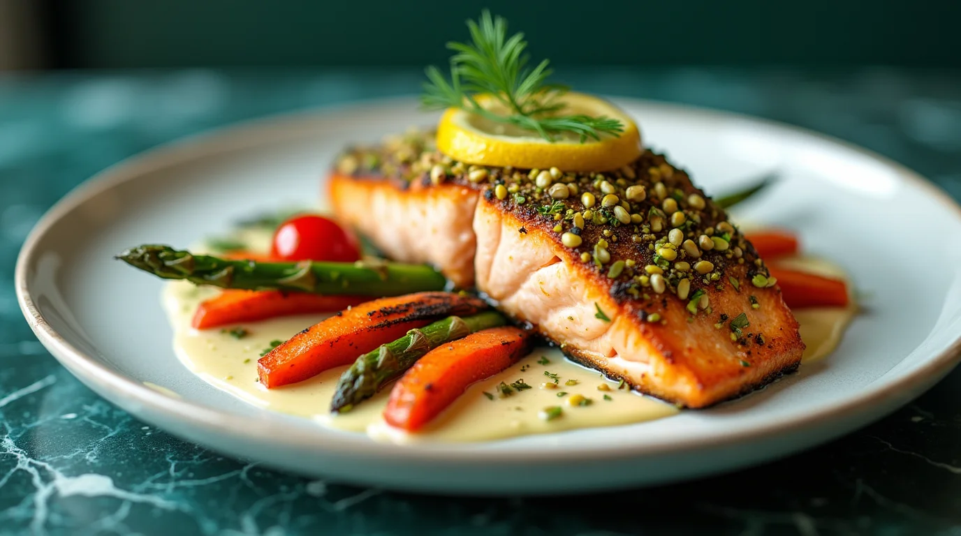 Easy pistachio-crusted salmon recipe served with roasted carrots, asparagus, and creamy sauce.