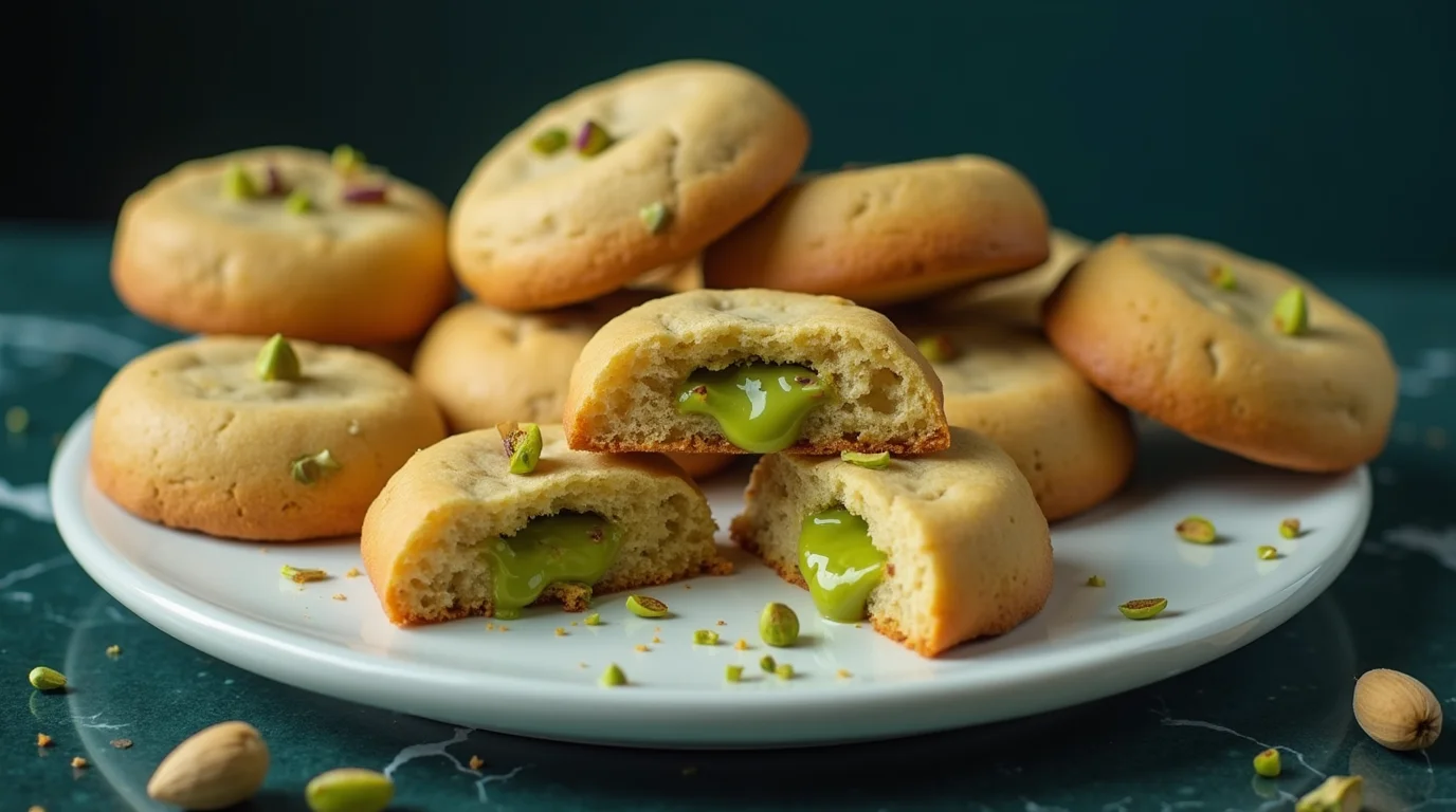 Close-up of pistachio-stuffed cookies on a plate, showcasing the gooey green filling – Easy Pistachio-Stuffed Cookies recipe.