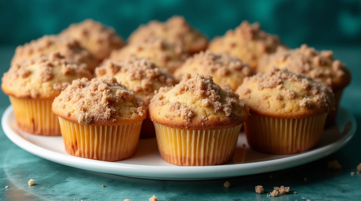 Freshly baked muffins with crumb topping on a plate – easy rhubarb muffins recipe.