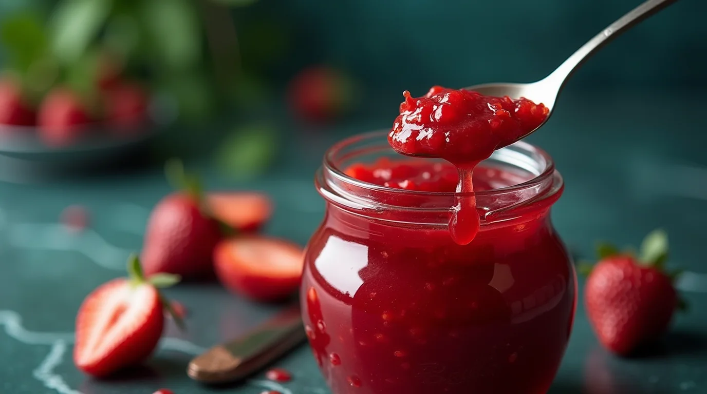 A jar of homemade jam with strawberries and rhubarb, showcasing an easy strawberry rhubarb jam recipe.