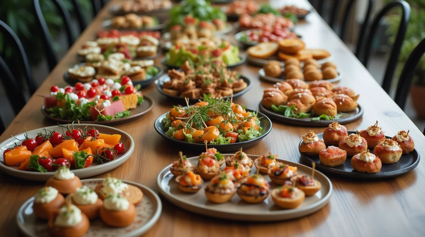 Colorful spread of easy summer appetizers for BBQ on a wooden table, featuring fresh vegetables, bite-sized snacks, and vibrant finger foods.