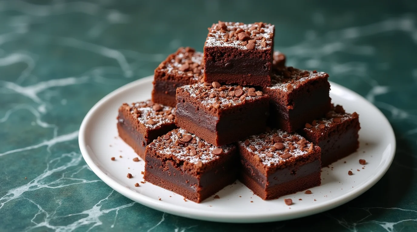 A plate of rich, fudgy easy sweetened condensed milk brownies topped with chocolate chips and powdered sugar.