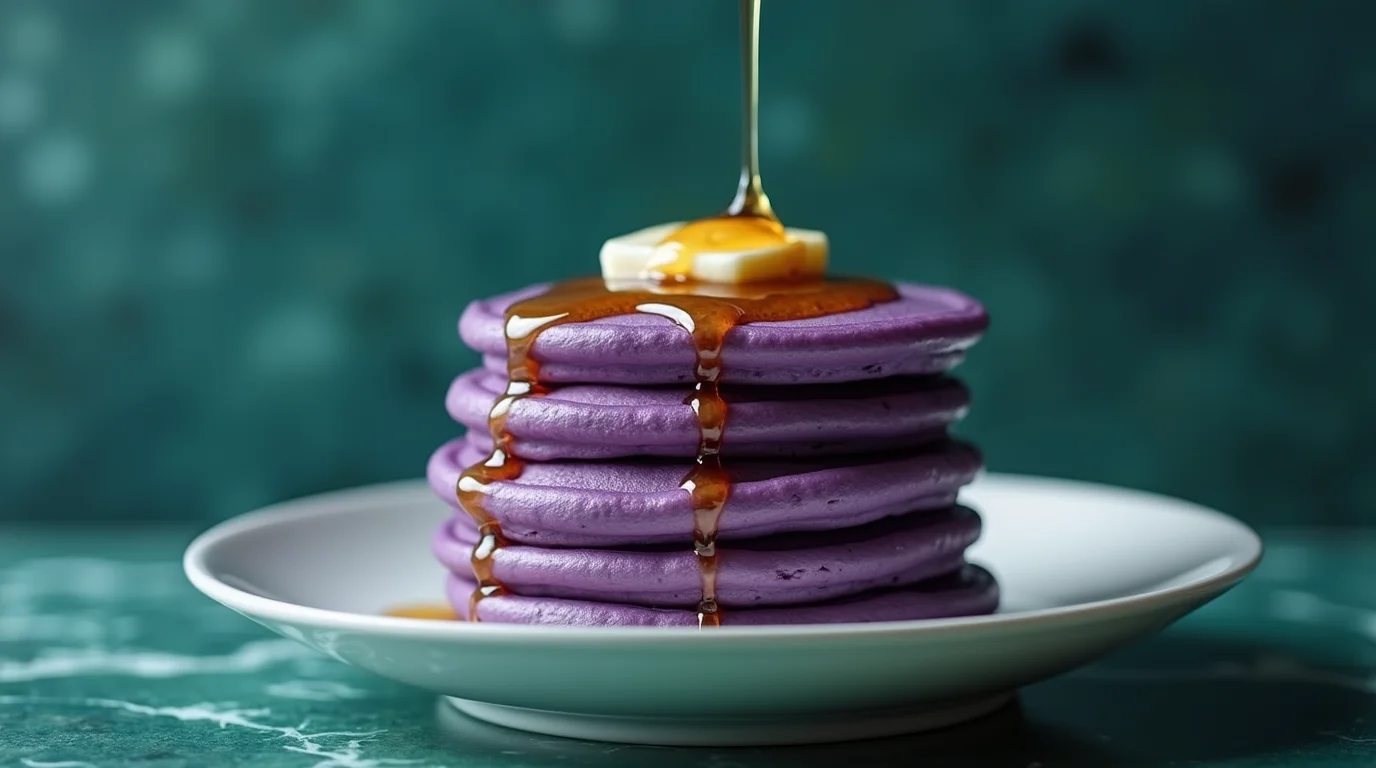 Stack of vibrant purple pancakes with butter and syrup – Easy Ube Mochi Pancake Recipe.