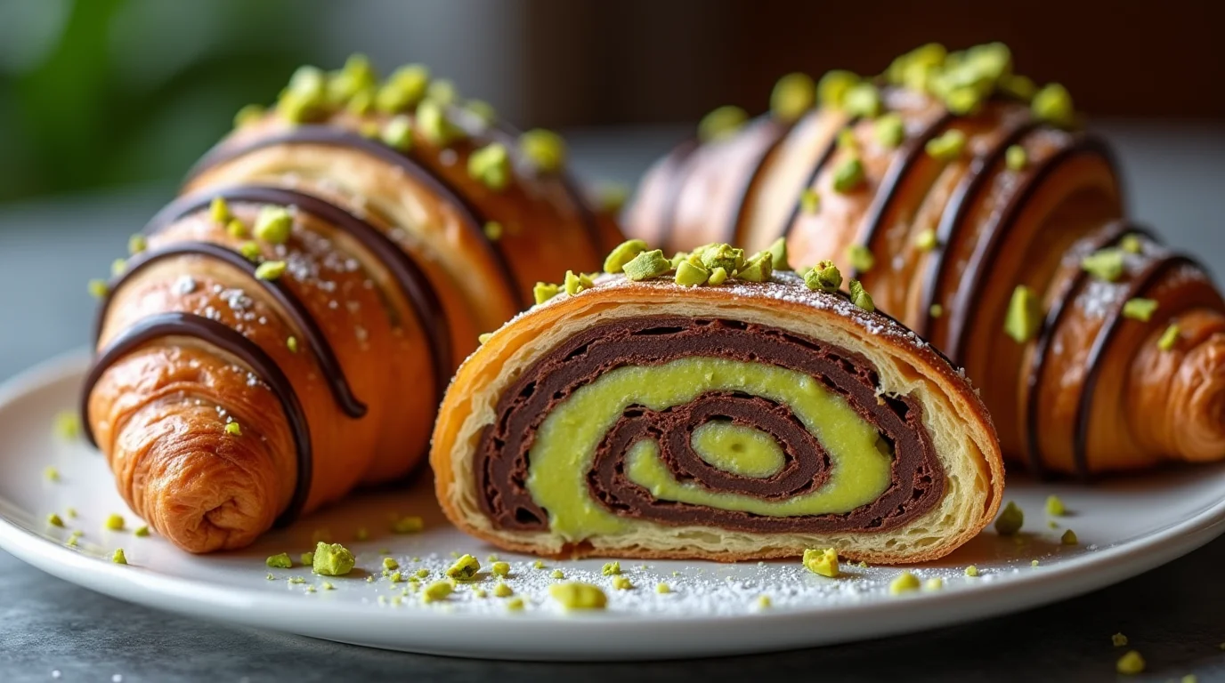 Easy pistachio chocolate croissant recipe with flaky layers, rich chocolate, and creamy pistachio filling.