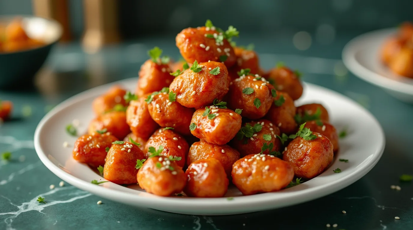 Plate of crispy chicken coated in sauce for the Honey Sriracha Chicken Bites recipe.