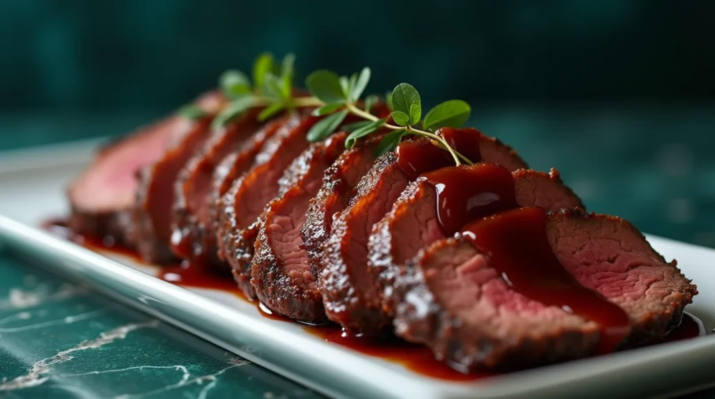 Sliced beef brisket with barbecue sauce on a white plate – How to Cook Sliced Beef Brisket