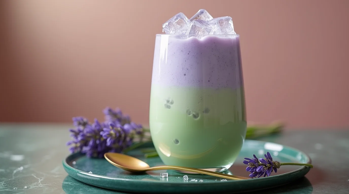 Iced Lavender Cream Oatmilk Matcha topped with ice in a clear glass on a green plate with lavender flowers.