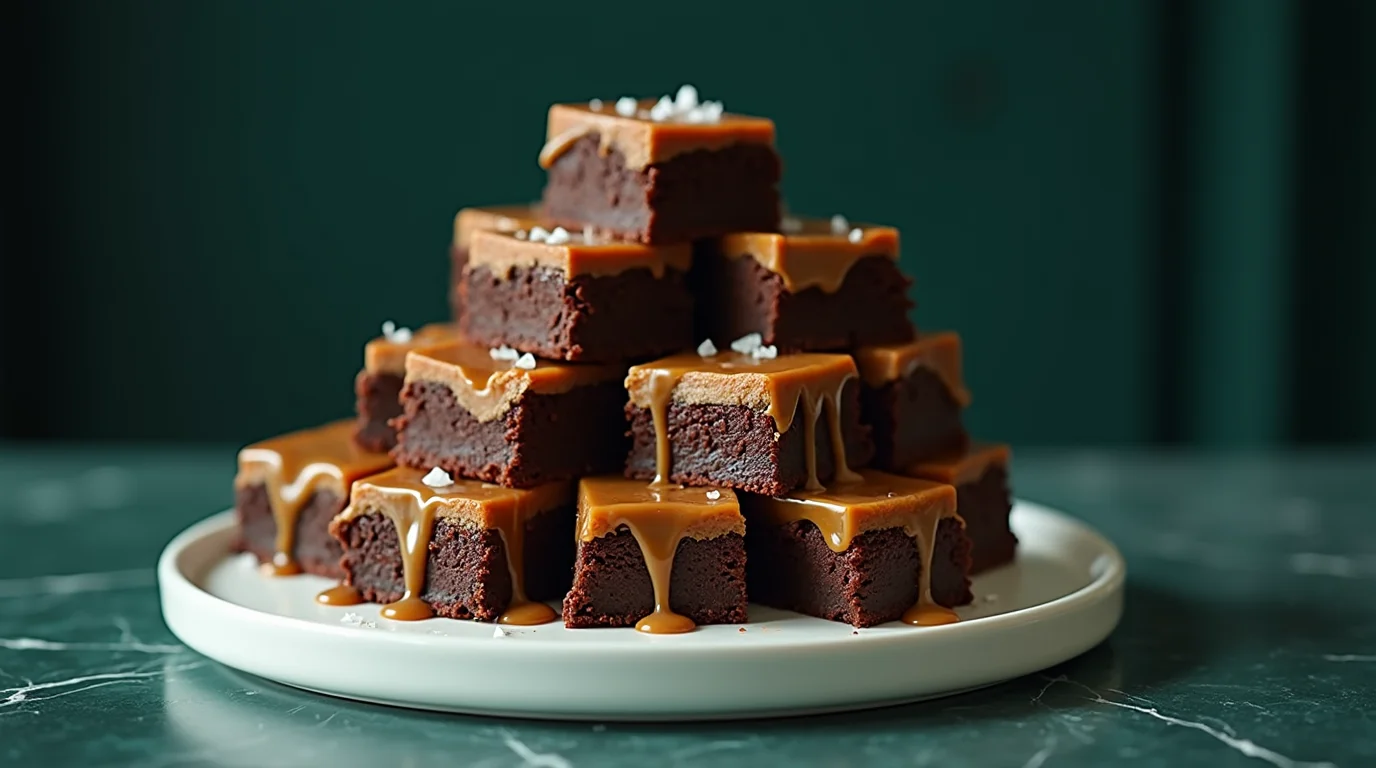 Stacked miso caramel brownies drizzled with caramel sauce and topped with sea salt on a white plate – Miso Caramel Brownie Recipe.