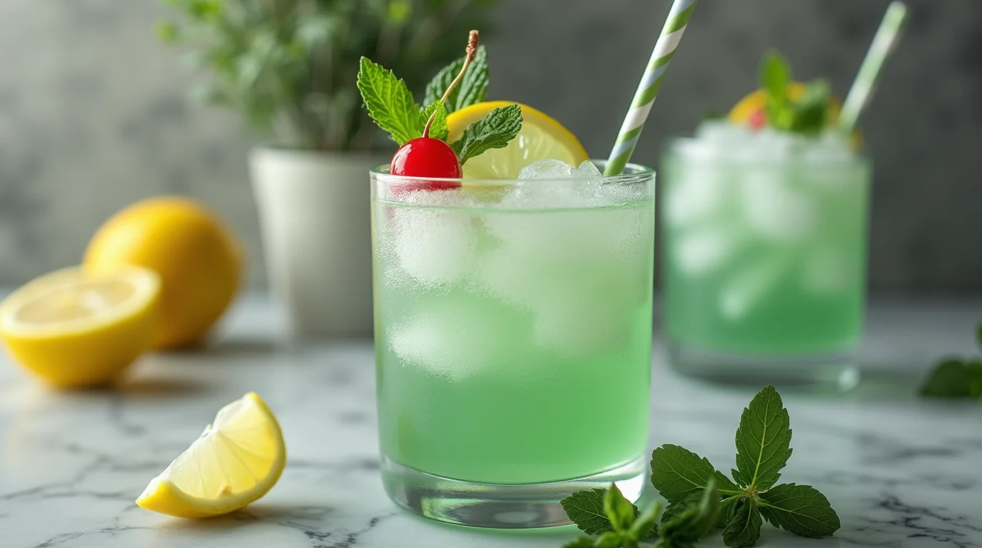 Refreshing Non-Alcoholic Mint Julep Recipe served with ice, mint, lemon, and cherry garnish.